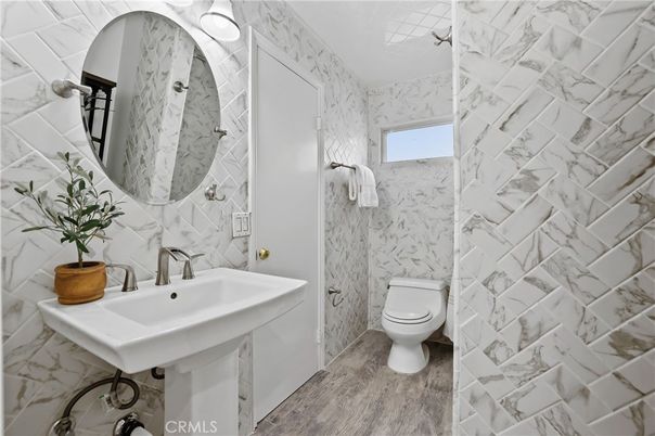 Bathroom, Interior, Marble Walls, Wood Texture Flooring