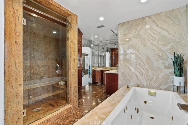Bathroom, Glass Shower, Interior, Marble Walls, Recessed Lighting