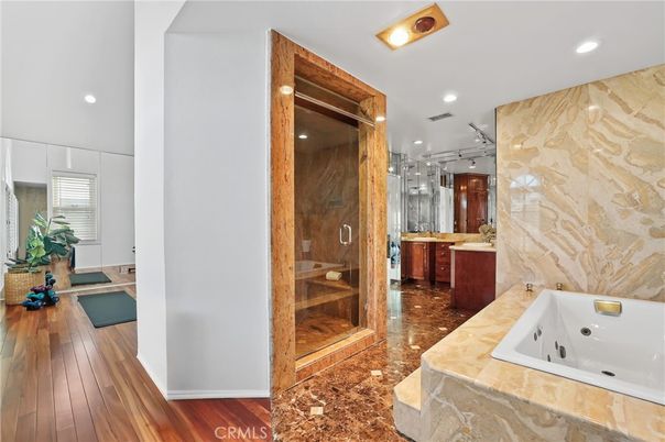 Bathroom, Interior, Marble Walls, Recessed Lighting, Wood Texture Flooring