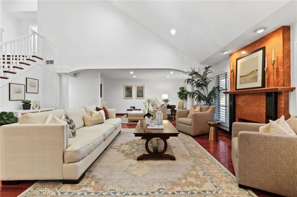 Fireplace, Interior, Living room, Recessed Lighting, Wood Texture Flooring