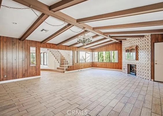 Chandelier, Empty room, Fireplace, Interior, Wooden Beams, Wooden Walls
