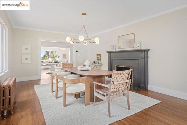 Dining room, Fireplace, Interior, Pendant Lights, Wood Texture Flooring