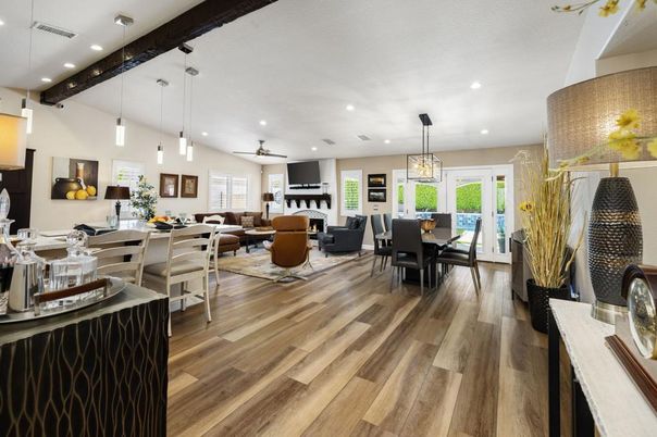 Dining room, Fireplace, Interior, Living room, Pendant Lights, Recessed Lighting, Wood Texture Flooring