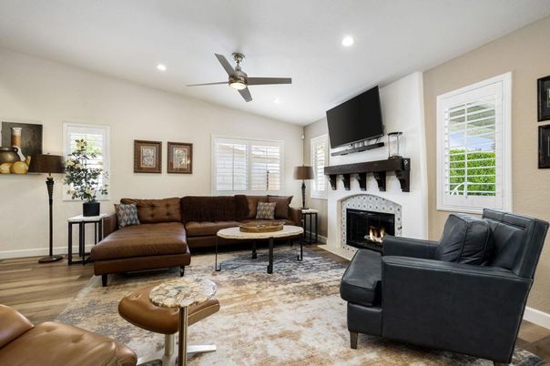 Fireplace, Interior, Living room, Recessed Lighting, Wood Texture Flooring