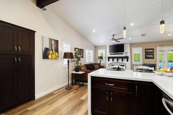 Interior, Kitchen, Pendant Lights, Recessed Lighting, Wood Texture Flooring