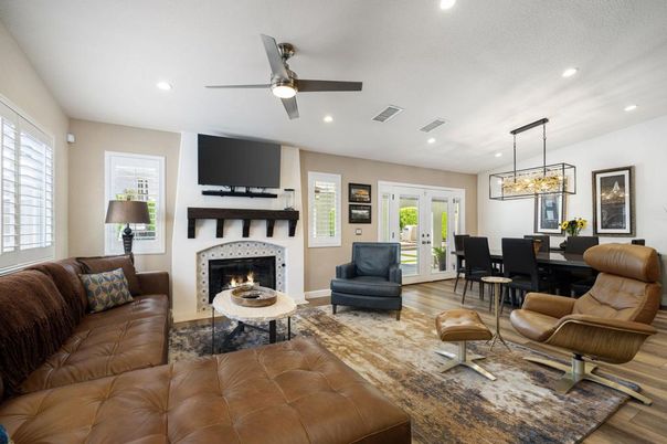 Dining room, Fireplace, Interior, Living room, Pendant Lights, Recessed Lighting, Wood Texture Flooring