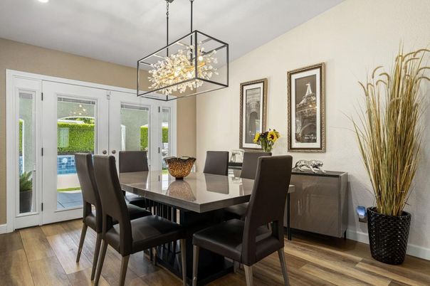 Dining room, Interior, Pendant Lights, Recessed Lighting, Wood Texture Flooring
