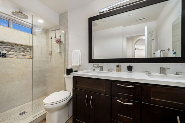 Bathroom, Dual Sink Vanities, Glass Shower, Interior, Recessed Lighting