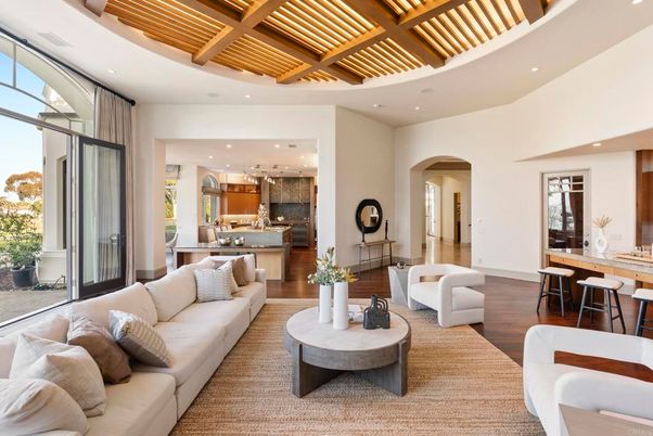 Interior, Kitchen, Living room, Pendant Lights, Recessed Lighting, Stainless Steel Appliances, Wooden Beams, Wooden Ceilings, Wood Texture Flooring