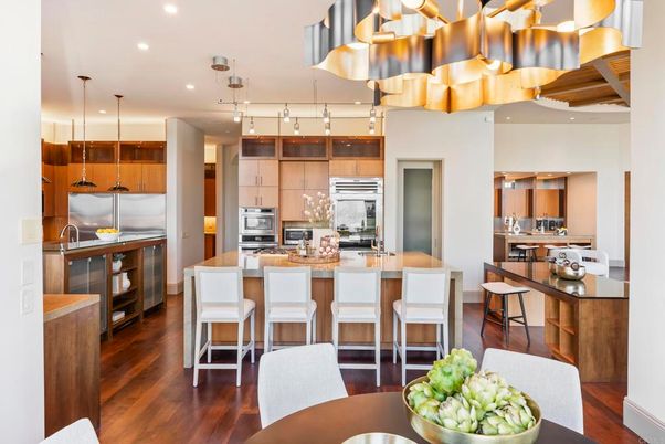 Interior, Kitchen, Pendant Lights, Recessed Lighting, Stainless Steel Appliances, Wood Texture Flooring