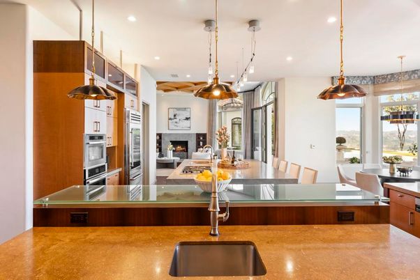 Dining room, Fireplace, Interior, Kitchen, Living room, Pendant Lights, Recessed Lighting, Stainless Steel Appliances