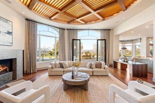 Fireplace, Interior, Living room, Pendant Lights, Recessed Lighting, Wooden Beams, Wooden Ceilings, Wood Texture Flooring