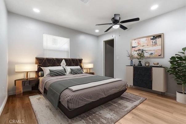 Bedroom, Interior, Recessed Lighting, Wood Texture Flooring