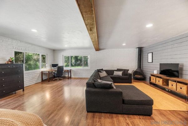 Home Office, Interior, Living room, Recessed Lighting, Stone Walls, Wooden Beams, Wood Texture Flooring