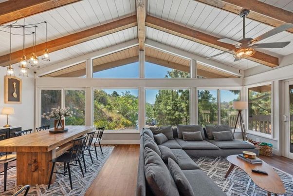 Home Office, Interior, Living room, Pendant Lights, Wooden Beams, Wood Texture Flooring