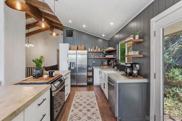 Interior, Kitchen, Pendant Lights, Recessed Lighting, Stainless Steel Appliances, Wooden Beams, Wood Texture Flooring