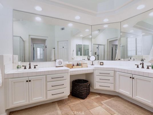 Bathroom, Dual Sink Vanities, Interior, Recessed Lighting, Tile Countertops