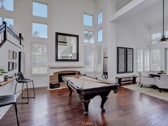 Billiard Table, Fireplace, Game Room, Interior, Wood Texture Flooring