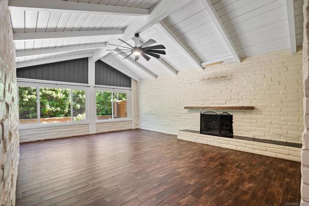 Empty room, Fireplace, Interior, Stone Walls, Wood Texture Flooring