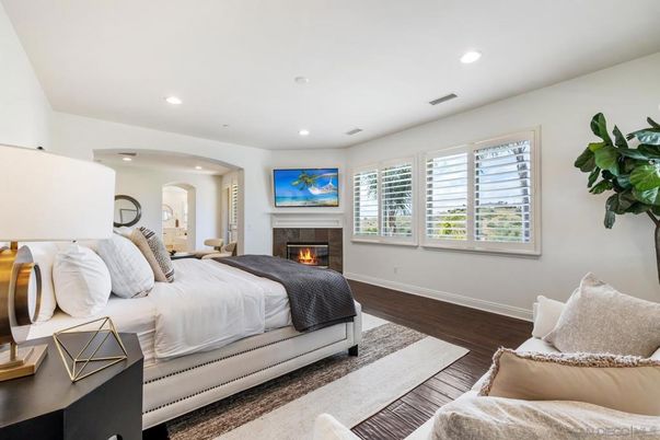 Bedroom, Fireplace, Interior, Recessed Lighting, Wood Texture Flooring