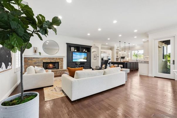 Dining room, Fireplace, Interior, Kitchen, Living room, Pendant Lights, Recessed Lighting, Wood Texture Flooring