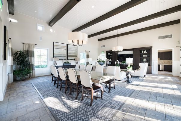 Chandelier, Dining room, Interior, Pendant Lights, Recessed Lighting, Wooden Beams