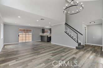 Chandelier, Empty room, Interior, Kitchen, Recessed Lighting, Wood Texture Flooring