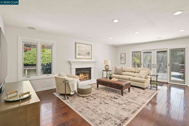 Fireplace, Interior, Living room, Recessed Lighting, Wood Texture Flooring