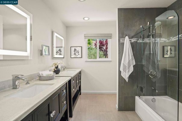Bathroom, Dual Sink Vanities, Glass Shower, Interior, Recessed Lighting