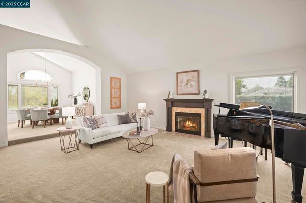 Dining room, Fireplace, Interior, Living room, Pendant Lights, Piano