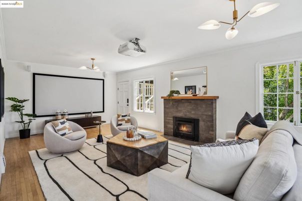 Fireplace, Interior, Living room, Pendant Lights, Projection Screen, Wood Texture Flooring