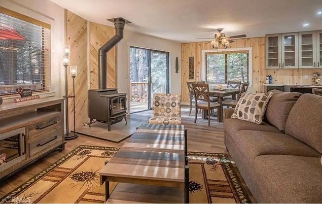 Dining room, Fireplace, Interior, Living room, Wood Texture Flooring, Wooden Walls