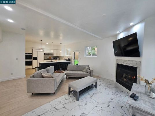 Fireplace, Interior, Kitchen, Living room, Marble, Pendant Lights, Recessed Lighting