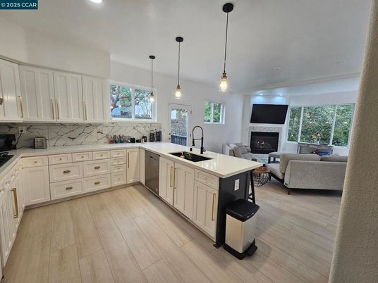 Fireplace, Interior, Kitchen, Living room, Pendant Lights, Recessed Lighting, Wood Texture Flooring