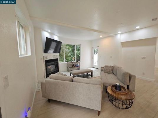 Fireplace, Interior, Living room, Recessed Lighting, Wood Texture Flooring