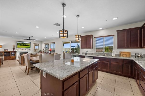 Dining room, Fireplace, Interior, Kitchen, Living room, Pendant Lights, Recessed Lighting