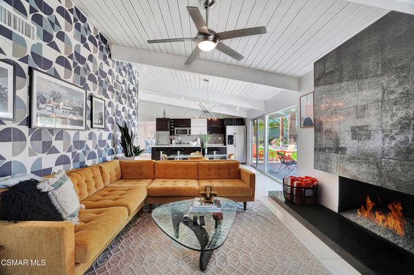 Fireplace, Interior, Kitchen, Living room, Pendant Lights