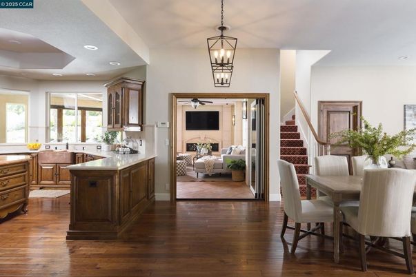 Dining room, Fireplace, Interior, Kitchen, Living room, Pendant Lights, Recessed Lighting, Wood Texture Flooring
