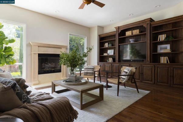 Fireplace, Interior, Living room, Recessed Lighting, Wood Texture Flooring