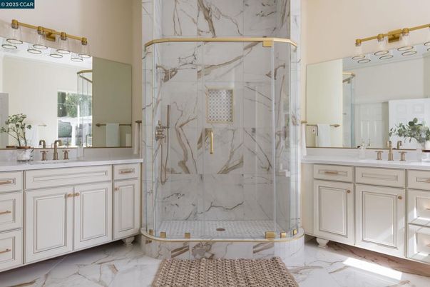Bathroom, Dual Sink Vanities, Glass Shower, Interior, Marble, Marble Walls