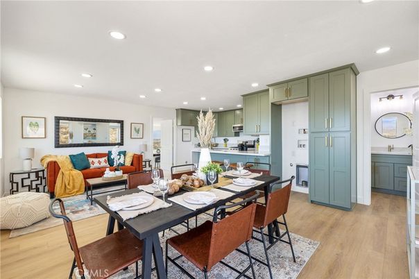 Dining room, Interior, Kitchen, Living room, Recessed Lighting, Wood Texture Flooring