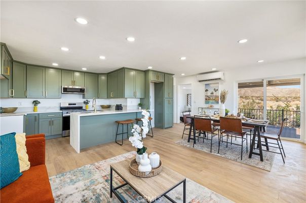 Dining room, Interior, Kitchen, Living room, Recessed Lighting, Stainless Steel Appliances, Wood Texture Flooring