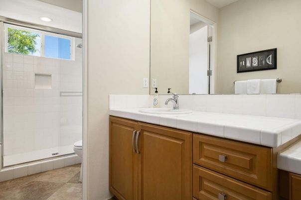 Bathroom, Glass Shower, Interior, Recessed Lighting, Tile Countertops