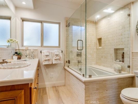 Bathroom, Glass Shower, Interior, Recessed Lighting, Wood Texture Flooring