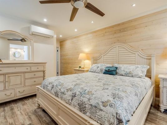 Bedroom, Interior, Recessed Lighting, Wood Texture Flooring, Wooden Walls