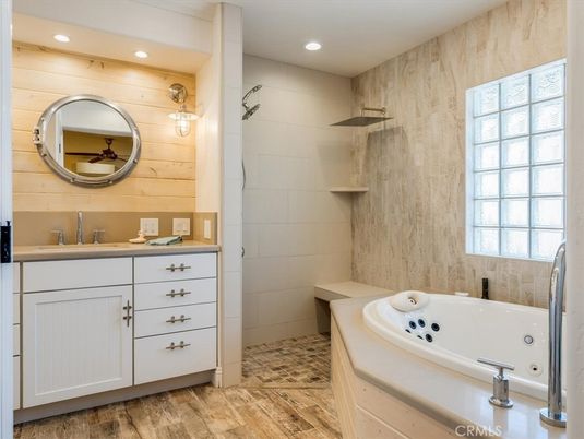 Bathroom, Interior, Recessed Lighting, Wood Texture Flooring, Wooden Walls