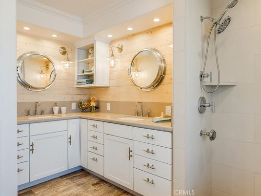 Bathroom, Dual Sink Vanities, Interior, Recessed Lighting, Wood Texture Flooring