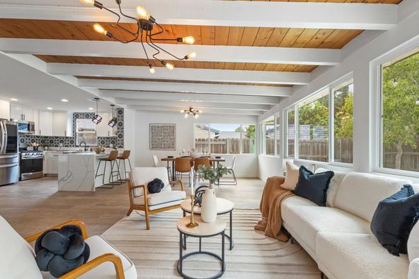 Dining room, Interior, Kitchen, Living room, Pendant Lights, Recessed Lighting, Stainless Steel Appliances, Wooden Beams, Wooden Ceilings, Wood Texture Flooring