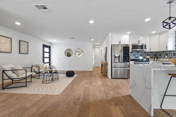 Interior, Kitchen, Living room, Recessed Lighting, Stainless Steel Appliances, Wood Texture Flooring