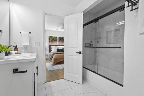 Bathroom, Bedroom, Glass Shower, Interior, Marble, Marble Walls, Wood Texture Flooring